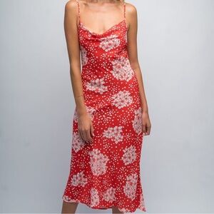 RESA Red Floral Midi Slip Dress Cowl Neck Spaghetti Strap Summer Y2K‎ Small